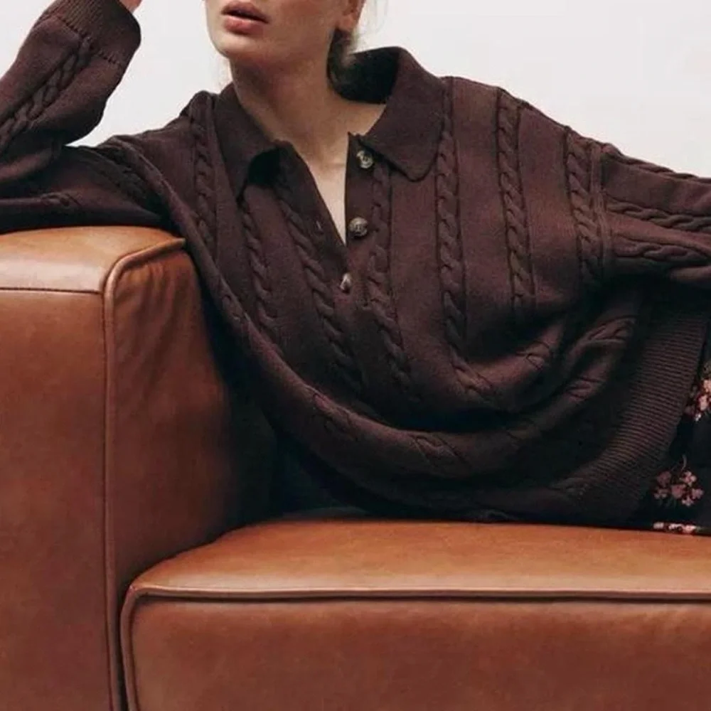 Zara Cable Knit Collared Henley Polo Oversized Sweater in Chocolate Brown - S